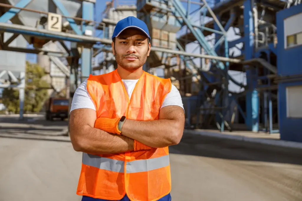 Trabalhador da construção civil olha com cara de insatisfeito, com os braços cruzados, para a câmera