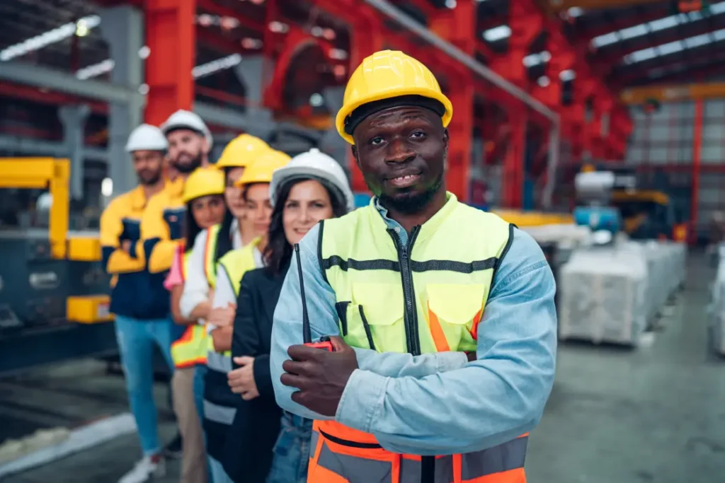 Trabalhadores em uma fábrica, posando para foto, de braços cruzados